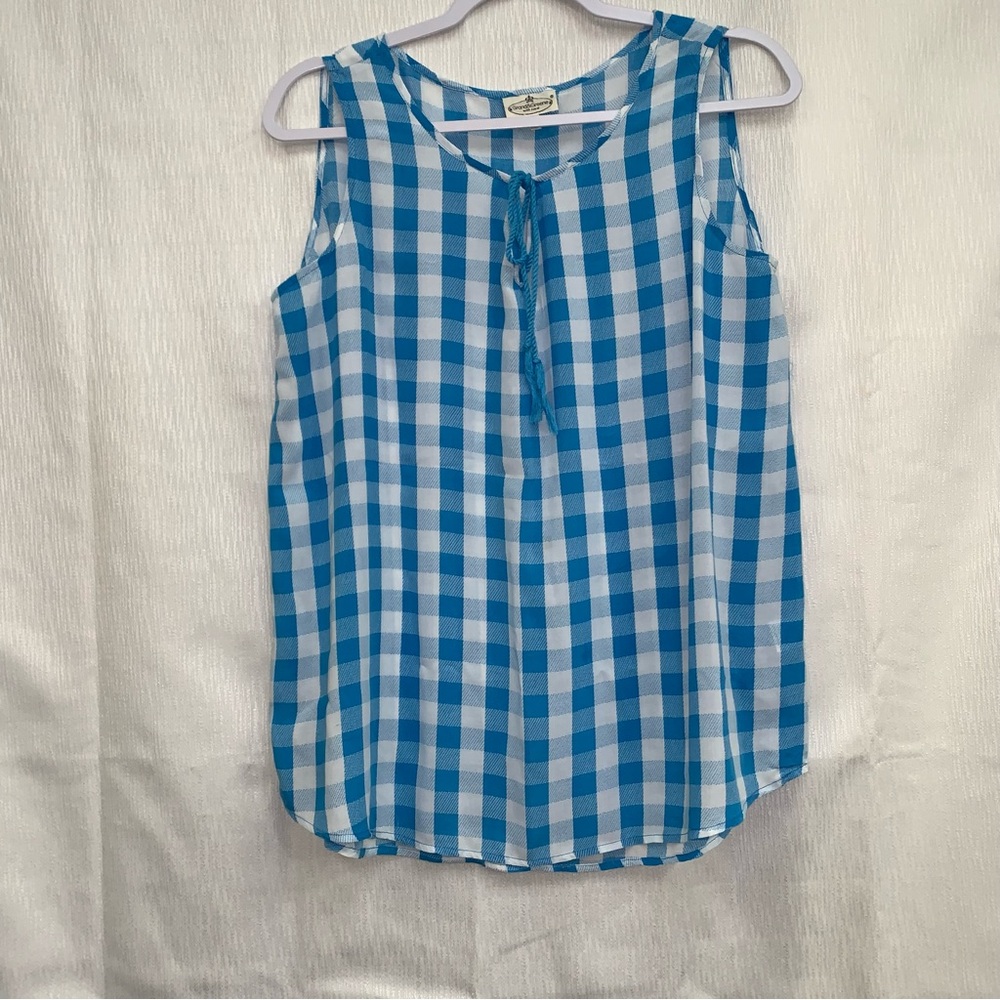 Grand & Greene Blue and White Sleeveless Tie Front Blouse